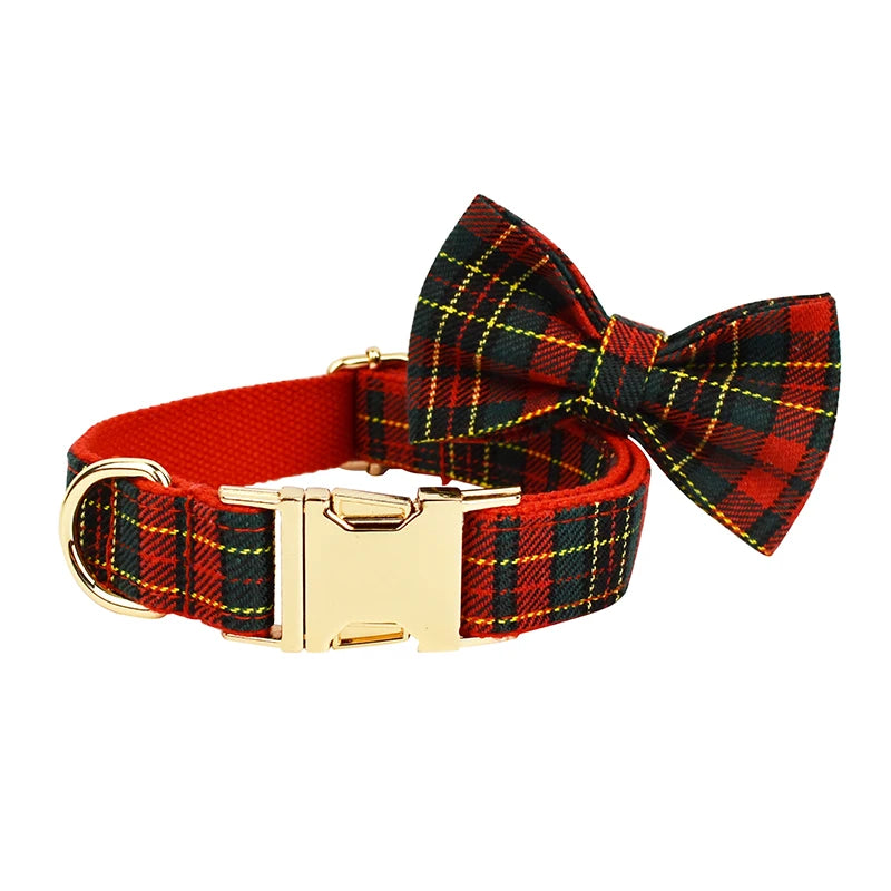 Christmas Dog Collar Customized Designer Logo Red  lattice  on  Soft Cotton Dog Collar Leashes Pet Harness Luxury Dog Leash Set