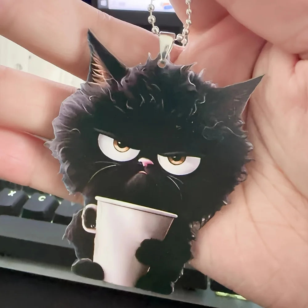 Fun Coffee Black Cat Keychain Versatile Charm,Cute Cartoon Kitten 2D Flat Acrylic Pendant,For Car,Bag,Festive,Party,Gift & Decor
