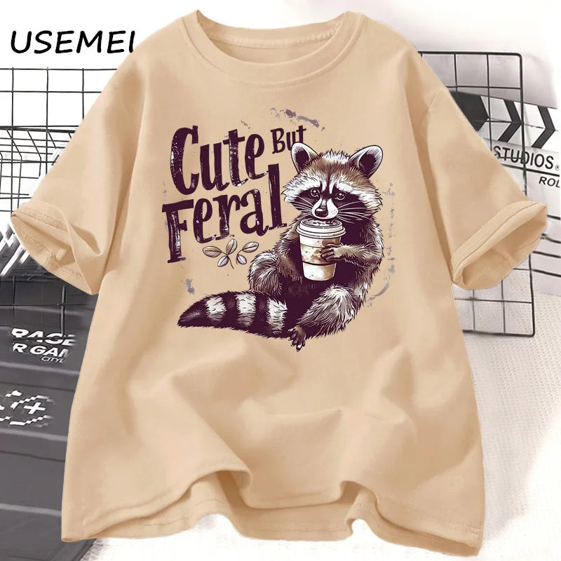 Funny Racoon Cute but Feral t Shirt women funny Opossum tee Retro Animal Meme t-shirt cotton short sleeve clothing female tees