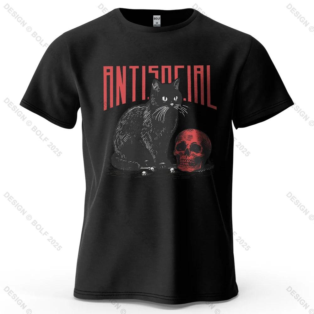 Black Cat Skull Printed T-Shirt
