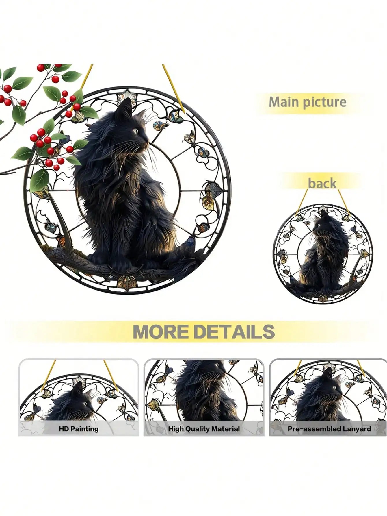 Black cat pendant sitting on a tree branch basking in the sun