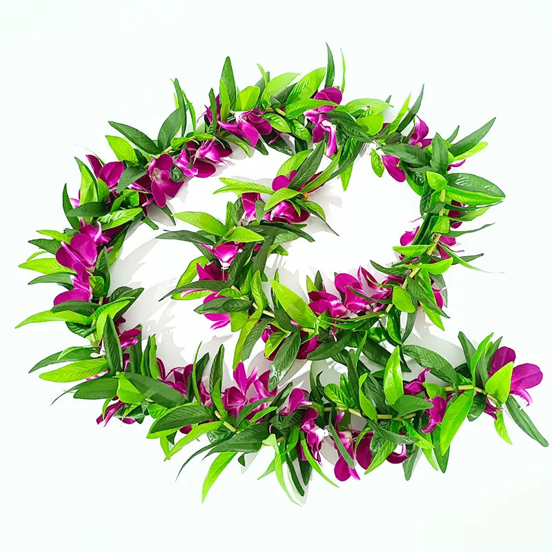 Popular Hawaii Maile Lei Double Ti Leaf With Strand of Purple White Orchids 2025 Graduation Wedding Luau Birthday Celebration