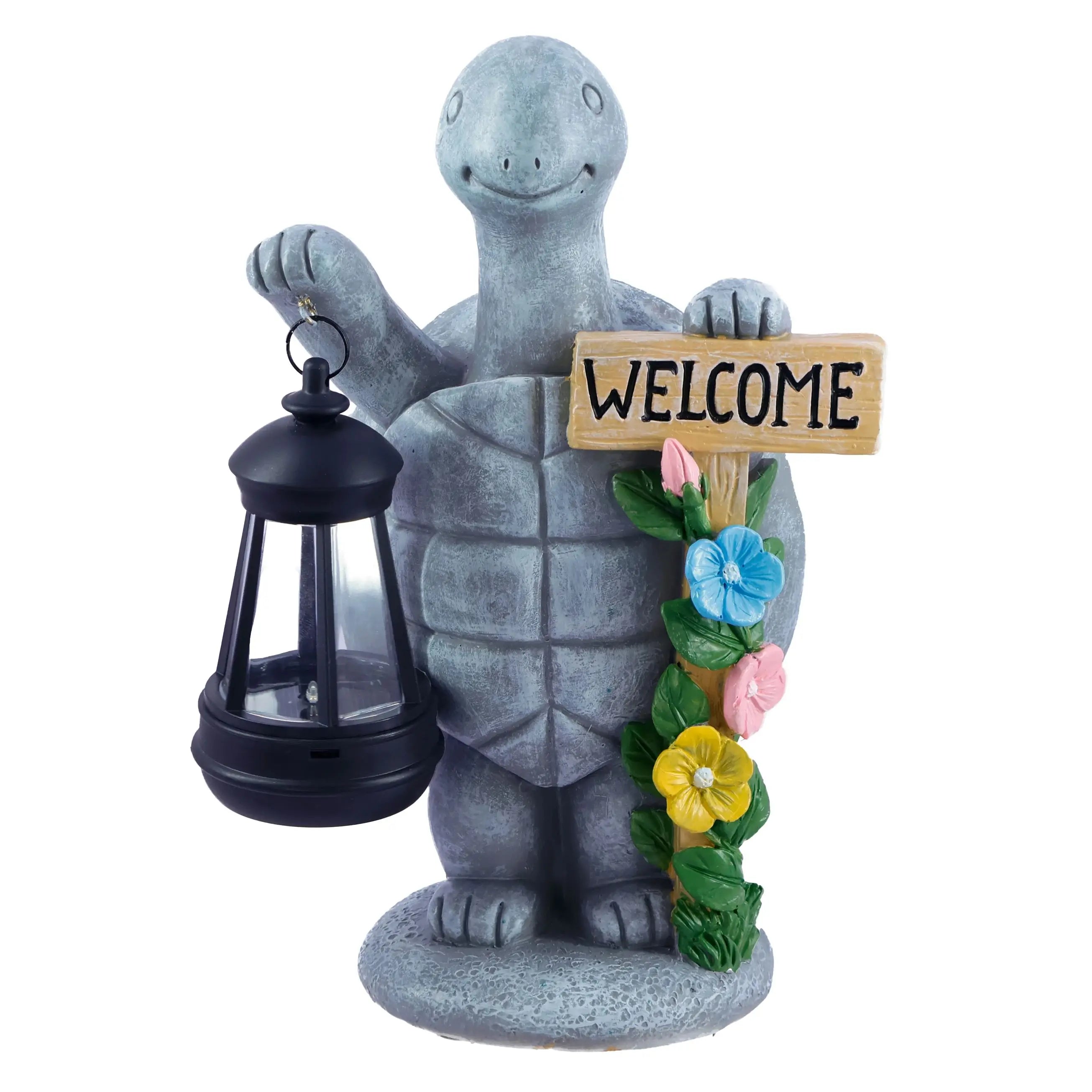 Turtle Welcome Statue with Solar Lantern Garden Ornament Good Luck Outdoor Decorative Lamp