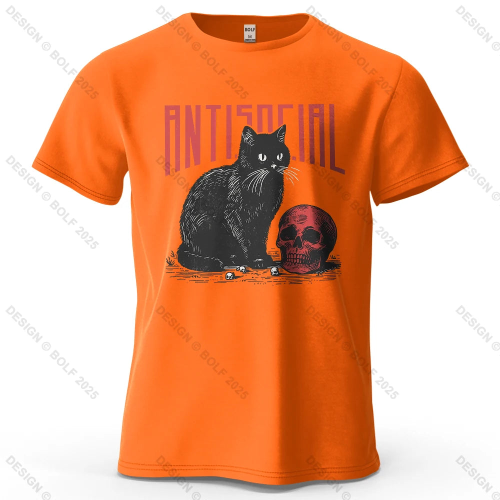 Black Cat Skull Printed T-Shirt