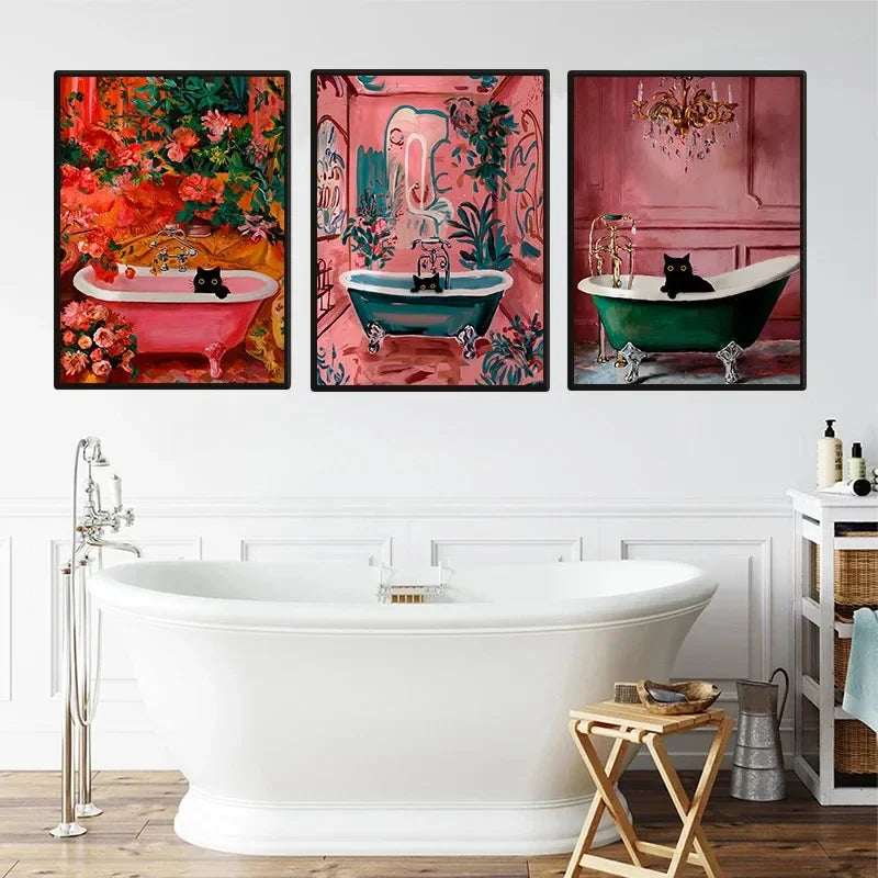 Colourful Funny Black Cat in Bathroom Poster