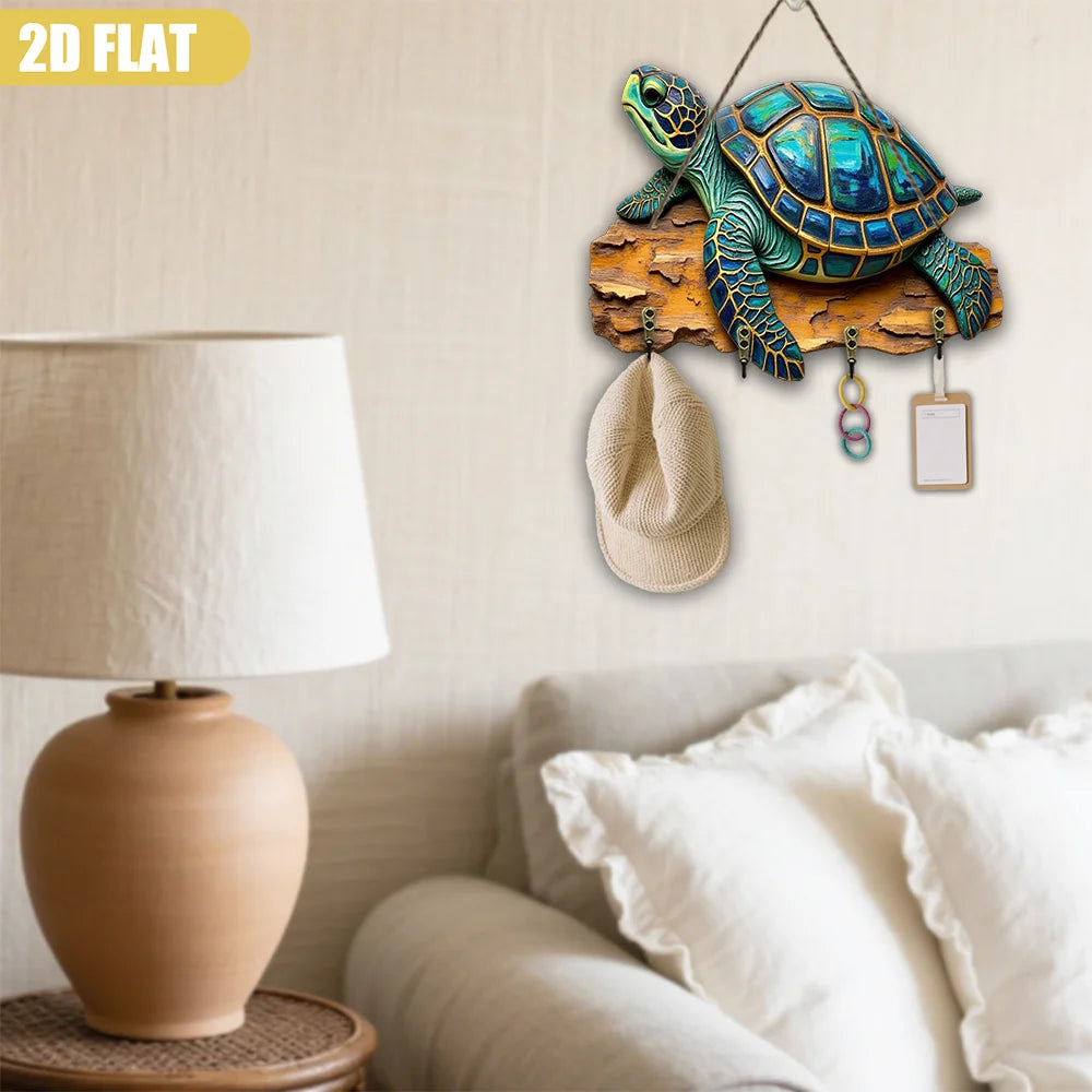 2D Flat, Oceanic Beauty Sea Turtle Wall Art Sculpture - Rustic Wooden Key Hanger with 4 Hooks, 9.06x11.81inch, Multifunctional