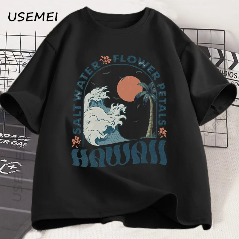 Hawaii Beach T-Shirt Ocean Beach T Shirt Men Women Summer Vibes Vacation Graphic T Shirts Cotton Short Sleeve Mens Clothing