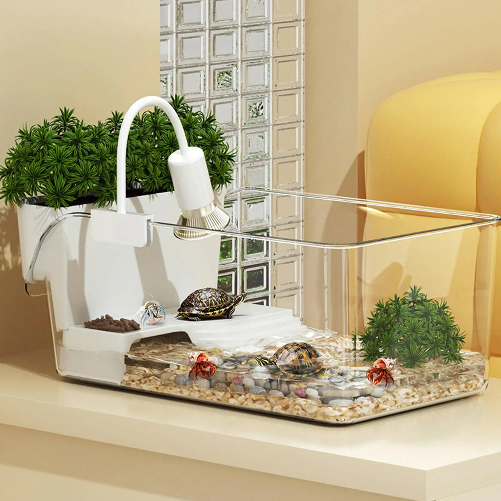 Turtle Tank with Basking Area, Transparent Reptile Terrarium Habitat for Pet Turtles, Hermit Crabs, Tortoise Adoption