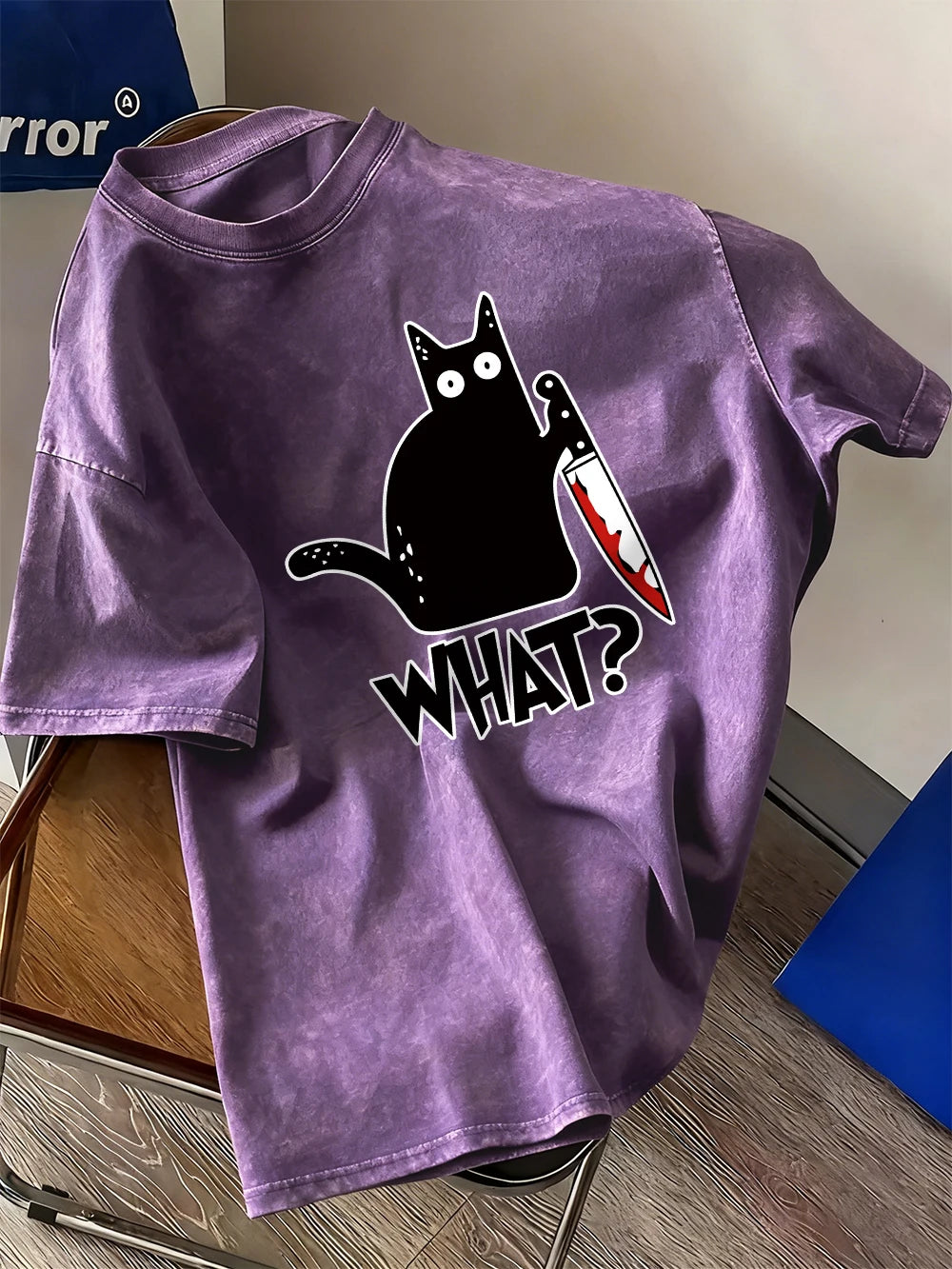 Black Cat Holding A Knife Prints Washed T-Shirt