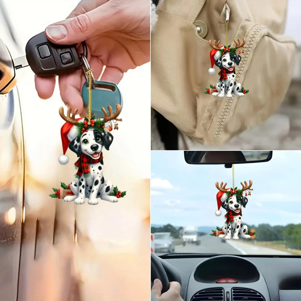 2D Christmas Dalmatian Dog Pendant Xmas Spotted Dog Flat Acrylic Keychain Charm,for Car Mirror,Bags,Festive,Gift & Decor