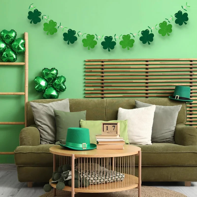St.Patrick's Day Shamrock Garland, Green Shamrock Banner, Rustic Farmhouse Decor for Indoor Fireplace Mantle Hanging Decorations