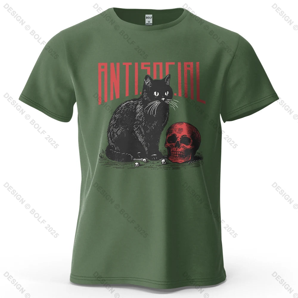 Black Cat Skull Printed T-Shirt