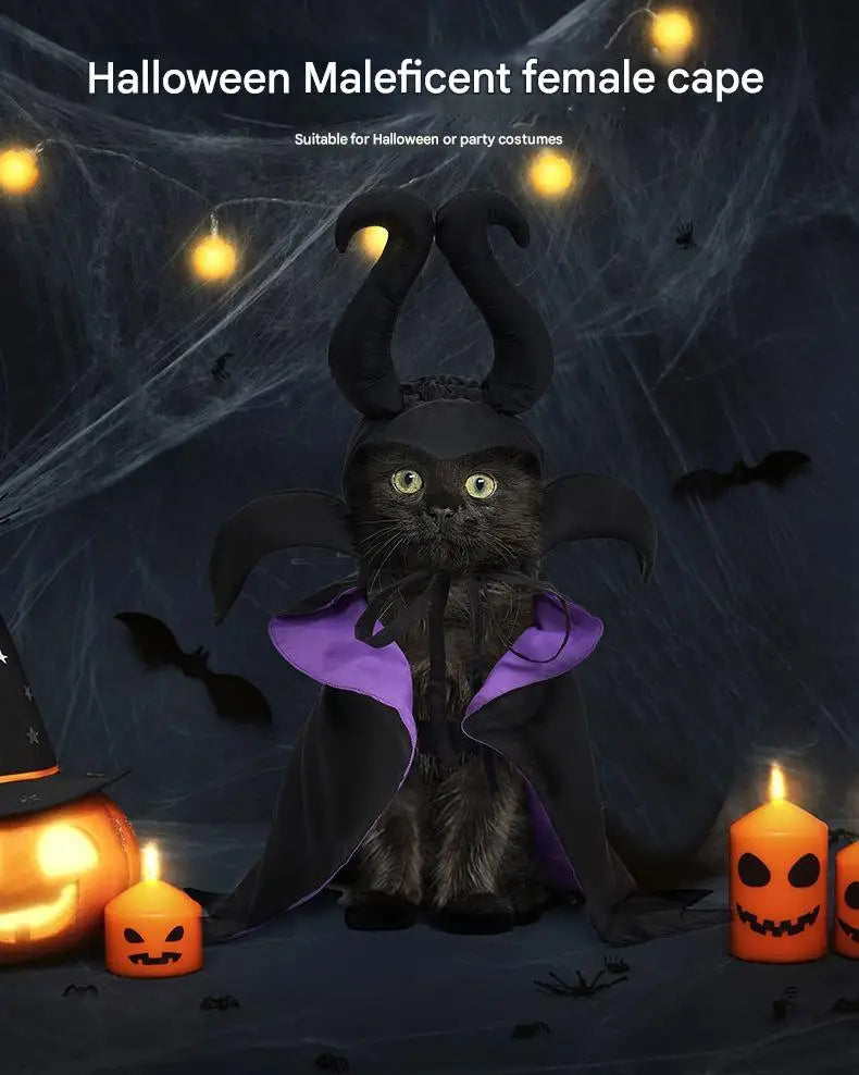 Halloween Pet Costume Hooded Cloak for Dogs Cats, Maleficent Adjustable Velvet Cape