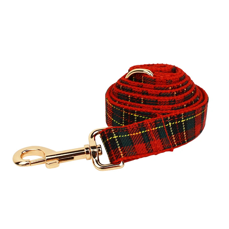 Christmas Dog Collar Customized Designer Logo Red  lattice  on  Soft Cotton Dog Collar Leashes Pet Harness Luxury Dog Leash Set