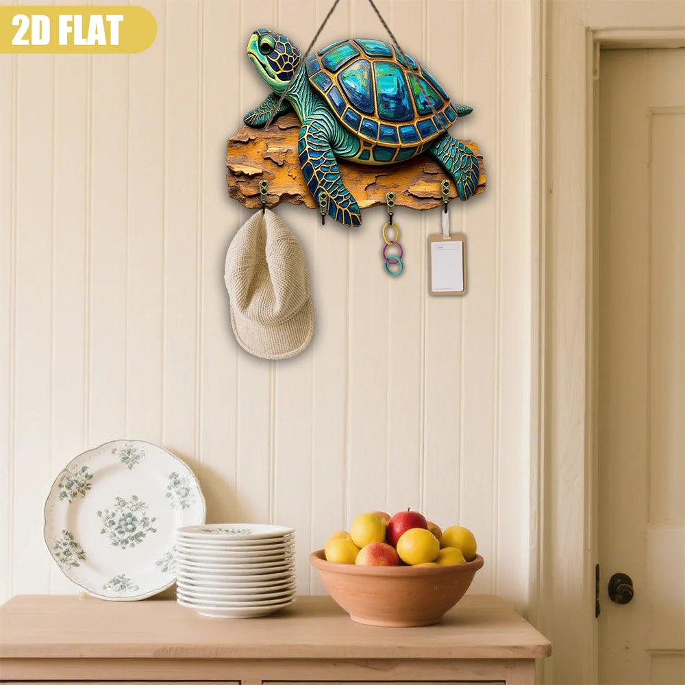 2D Flat, Oceanic Beauty Sea Turtle Wall Art Sculpture - Rustic Wooden Key Hanger with 4 Hooks, 9.06x11.81inch, Multifunctional