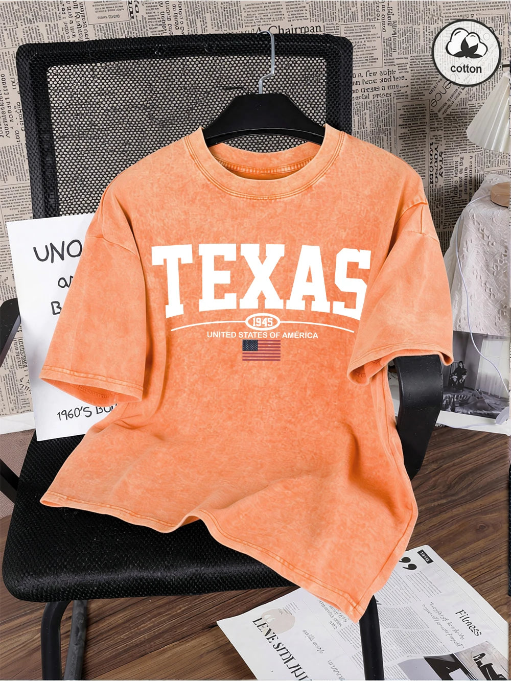 Texas Usa City Letter 1945 Prints Washed T-Shirts Mens Oversized Cotton T Shirt Summer O-Neck Short Sleeve Tops Casual Male Tees