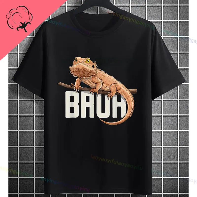 Men's "Bruh" Bearded Dragon Graphic T-Shirt Pure Cotton Short-sleeve Humor Style Tee Perfect Gift for Reptile Lovers
