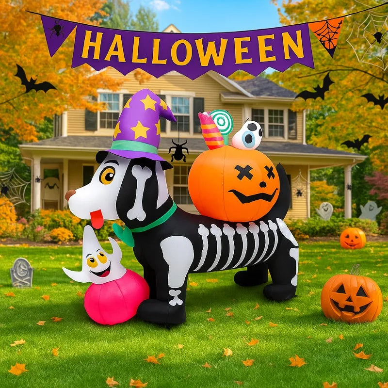 5FT Halloween Inflatable Toys Skeleton Dog with Pumpkin Decorations LED Light Up Blow Up Lawn Blow Up Model Outside Garden Decor