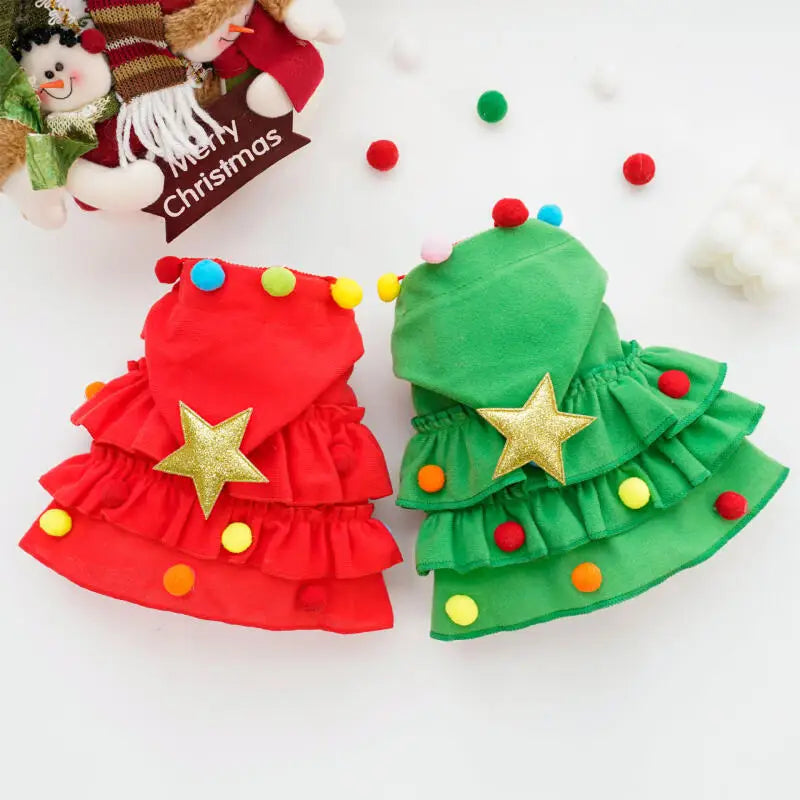 2025 Christmas Cat Dog Winter Warm Cloak Christmas Tree Shape Red Green Party Outfit For Puppy Kitten Transformation Apparel