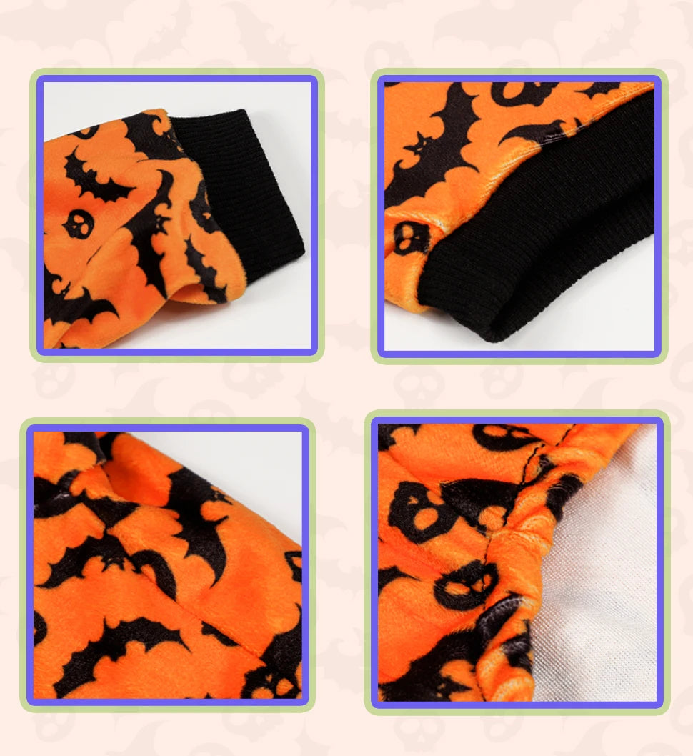 Halloween Dog Pajamas Costume: Four-legged outfit with bat and skull patterns, perfect for small, medium, and large dogs