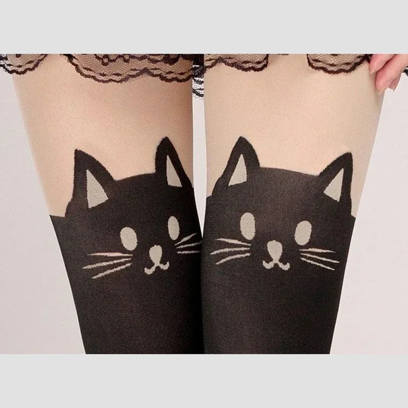 Black Cat Printed Silk Knee Socks