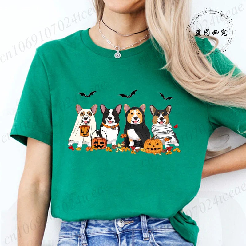 Halloween Dog Fashion T Shirt Tops Women Harajuku Graphic Tees Shirt Femme Corgi Dogs Halloween Women's T-shirt Clothes Tops