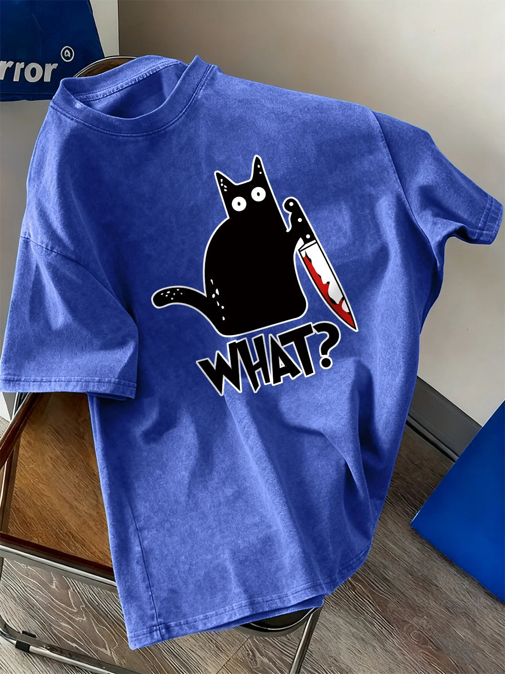 Black Cat Holding A Knife Prints Washed T-Shirt