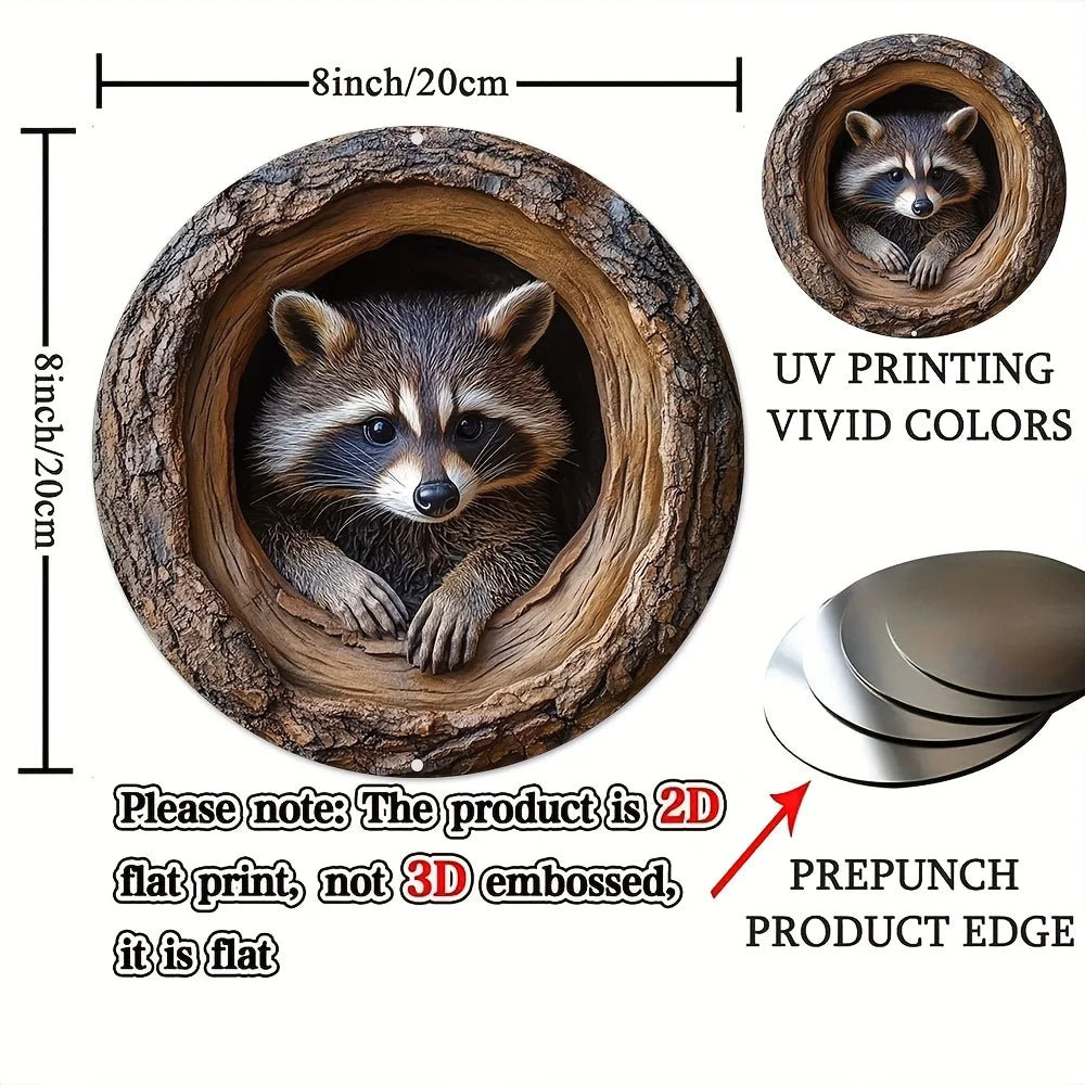 Raccoon in Tree Hole Aluminum Sign - Multifunctional Wall Decor, Waterproof Durable Metal Plaque for Home, Room Decor