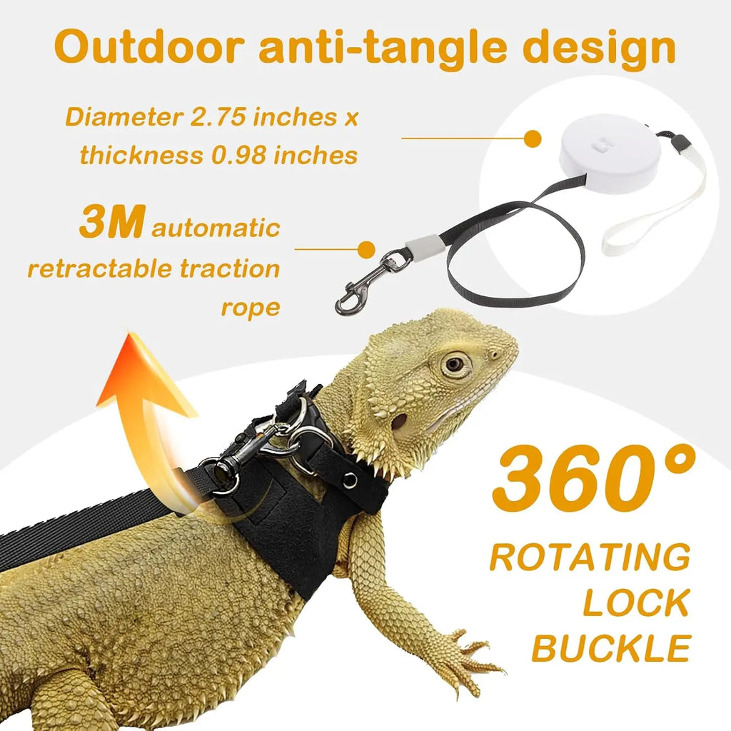 Bearded Dragon Harness and Leash Set, 3 Size Adjustable Soft Leather Reptile Leash, Lizard Harness with Retractable