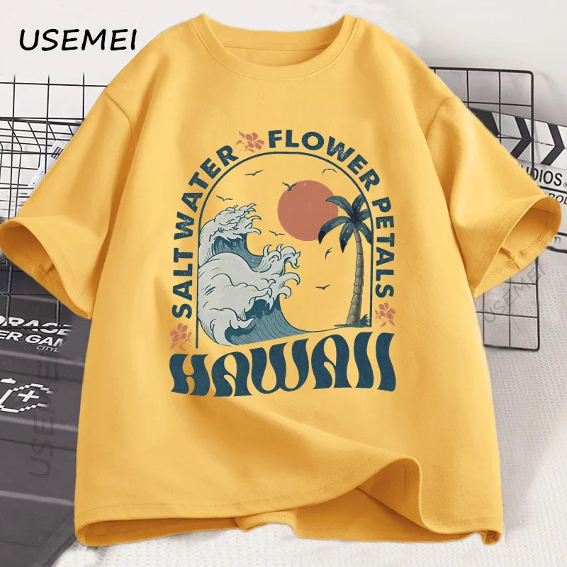Hawaii Beach T-Shirt Ocean Beach T Shirt Men Women Summer Vibes Vacation Graphic T Shirts Cotton Short Sleeve Mens Clothing