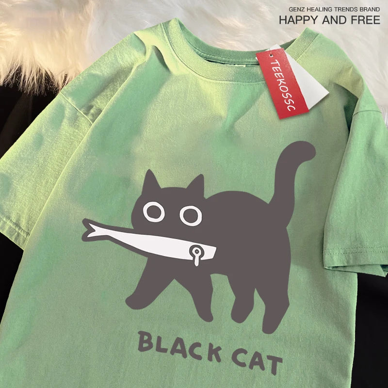 Fun A Black Cat Eating Fish Japanese Style T-Shirt