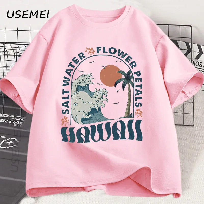 Hawaii Beach T-Shirt Ocean Beach T Shirt Men Women Summer Vibes Vacation Graphic T Shirts Cotton Short Sleeve Mens Clothing