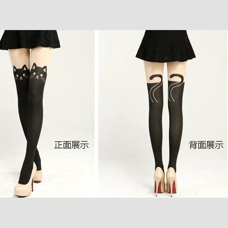 Black Cat Printed Silk Knee Socks