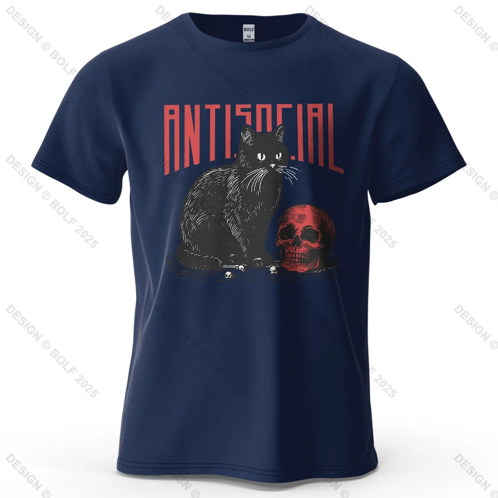 Black Cat Skull Printed T-Shirt