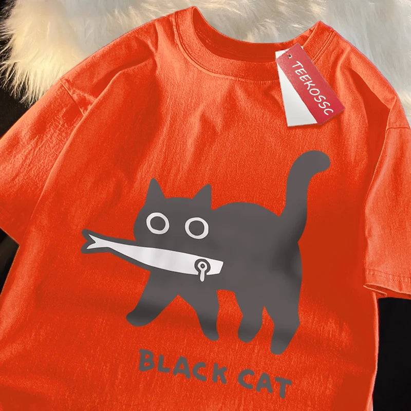 Fun A Black Cat Eating Fish Japanese Style T-Shirt