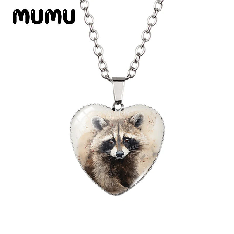 2023 New Raccoon Heart Necklace Cute Animal Painting Glass Printed Photo Pendant Handmade Jewelry Gifts Children