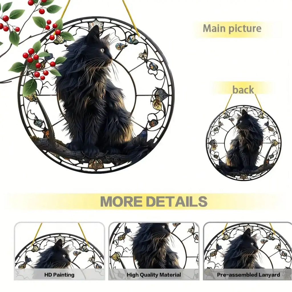 Black cat pendant sitting on a tree branch basking in the sun