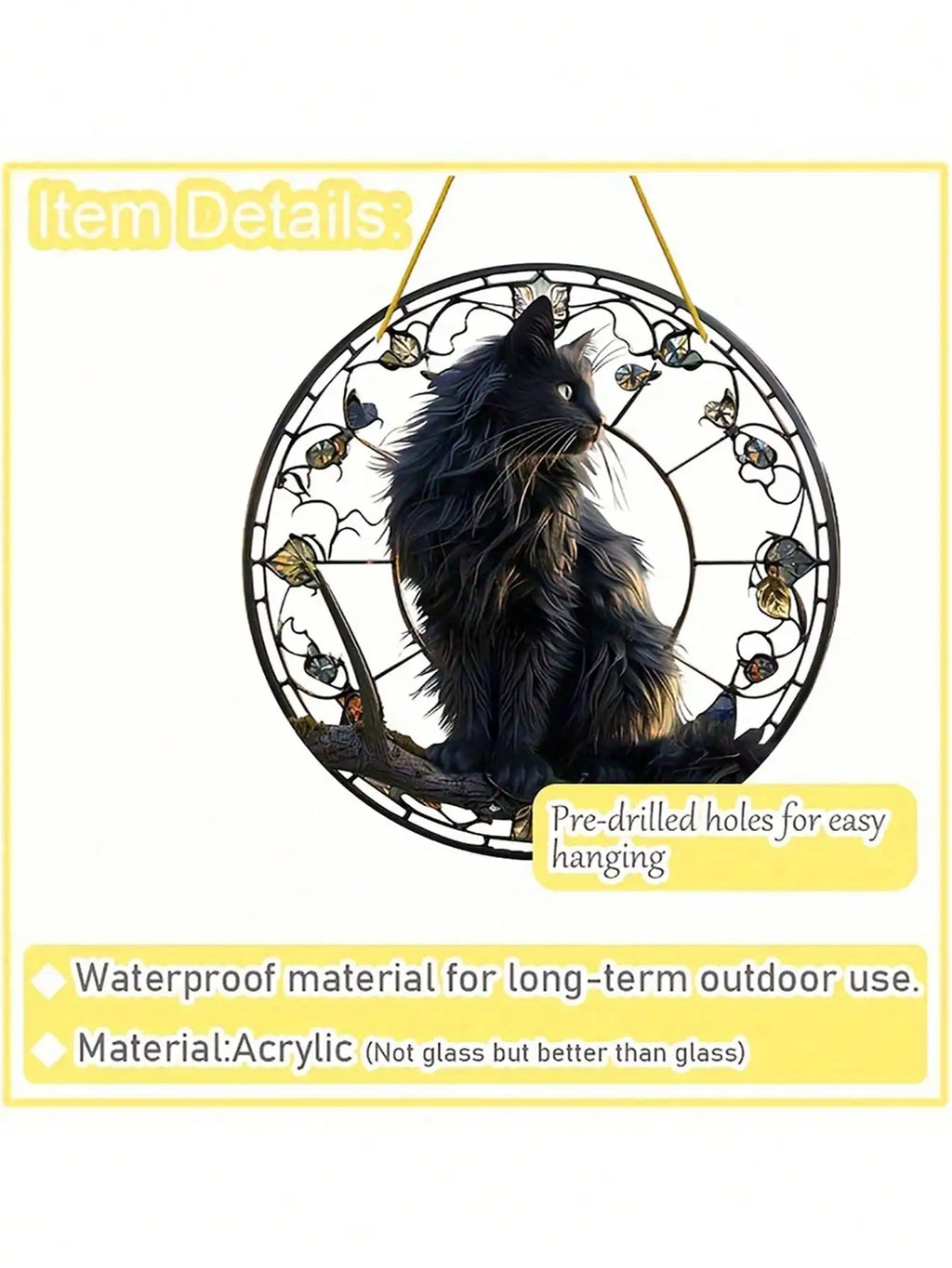 Black cat pendant sitting on a tree branch basking in the sun
