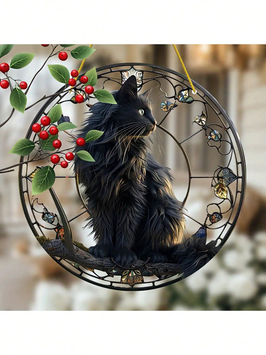 Black cat pendant sitting on a tree branch basking in the sun