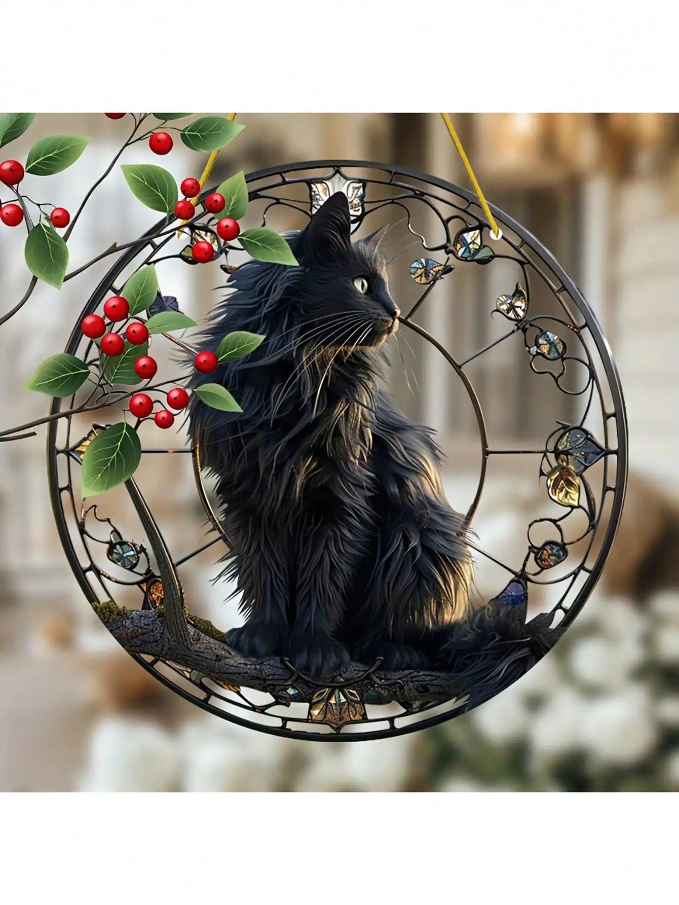 Black cat pendant sitting on a tree branch basking in the sun