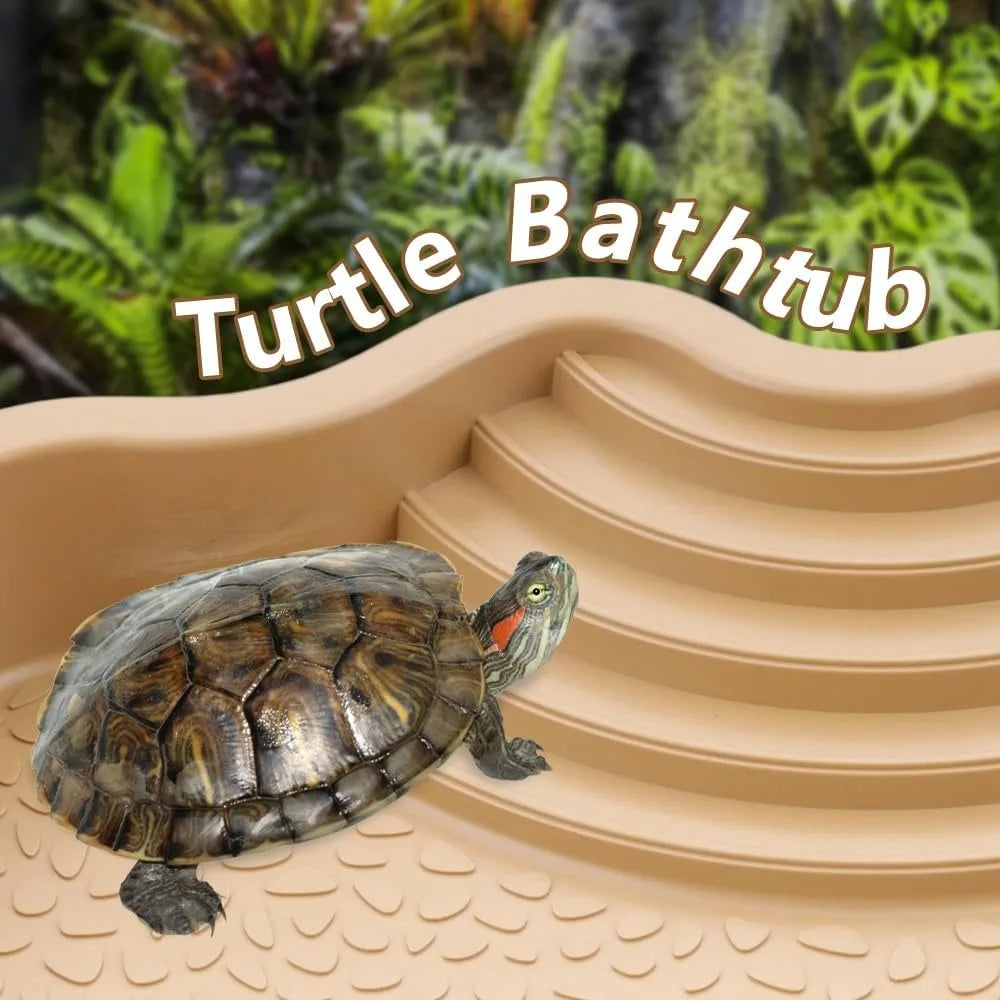 Turtles Bathing Pool Water Bowl with Slip Proof 35x28.50cm Friendly Habitat with Steps for Reptiles Resting and Soaking