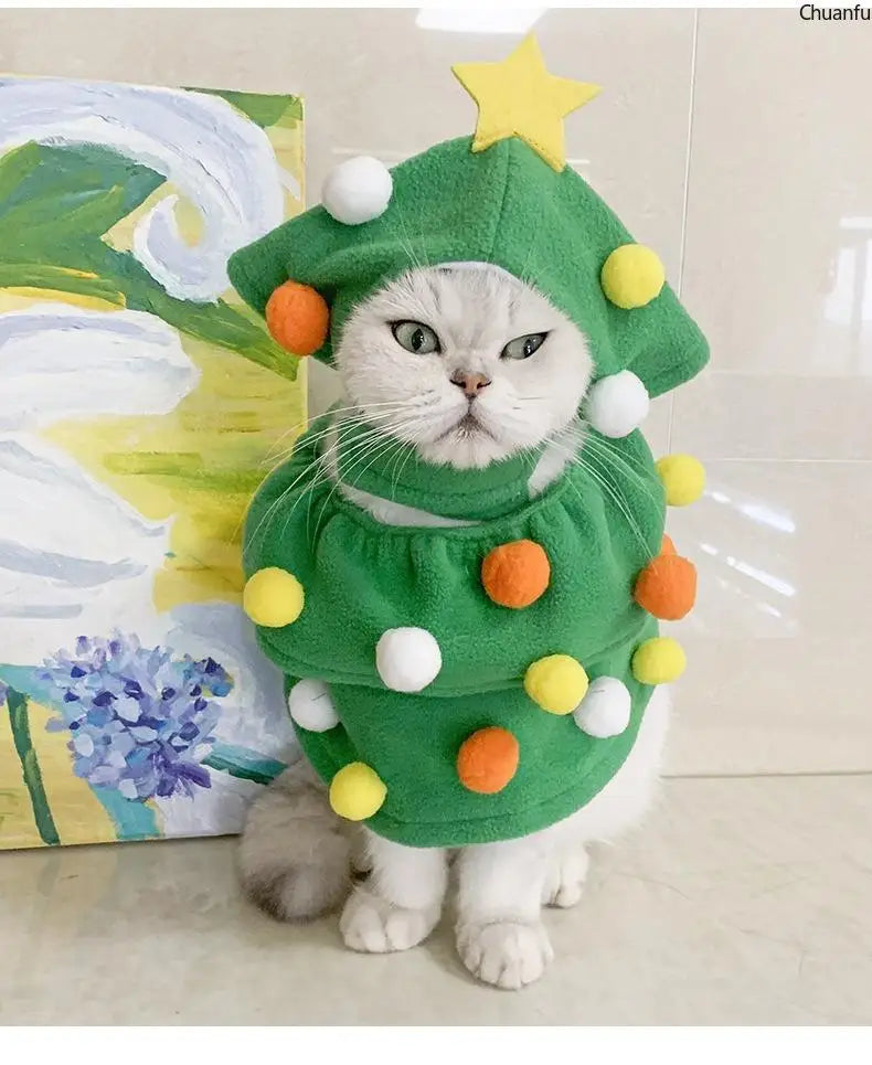 Christmas Pet Costume, Dog Cat Xmas Tree Outfit, Adjustable Warm Puppy Kitten Clothes, Hooded Pet Suit, Funny Festive Pet Dress