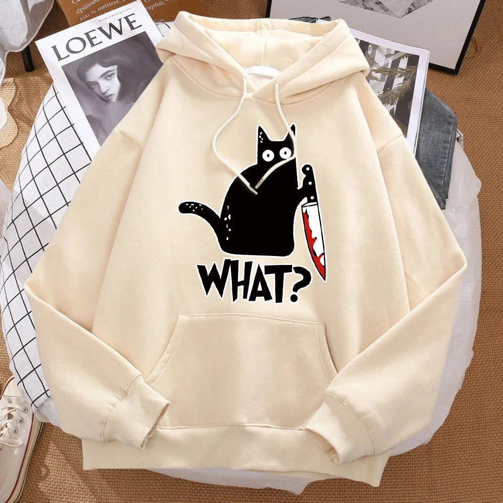 What cute little black cat holding a knife, men's hoodies, street hoodies, autumn sports shirts, hip-hop costumes