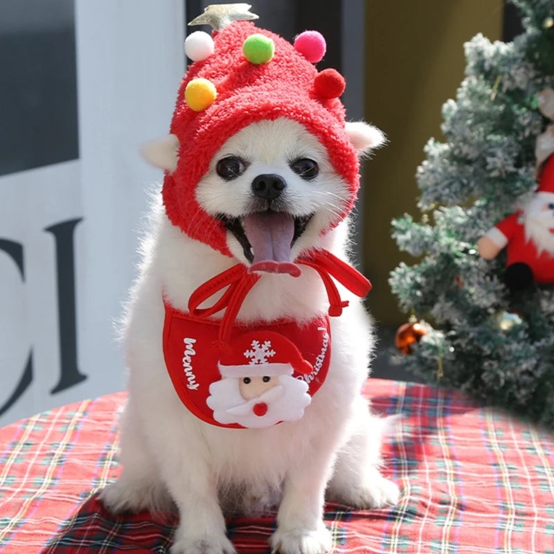 Christmas Tree Hat for Dog Hat Holiday Pompoms Headwear Costume Headwear Dog Cats Christmas Props for Dog Cats