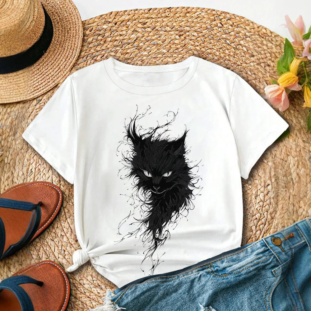 Black Cat Print T-Shirt