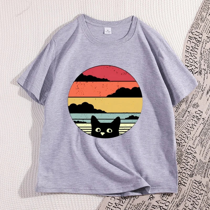 Black Cat Sunset Vintage T Shirt