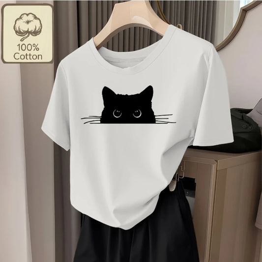 Black Cat Peeping Printed Short Sleeved T-shirt