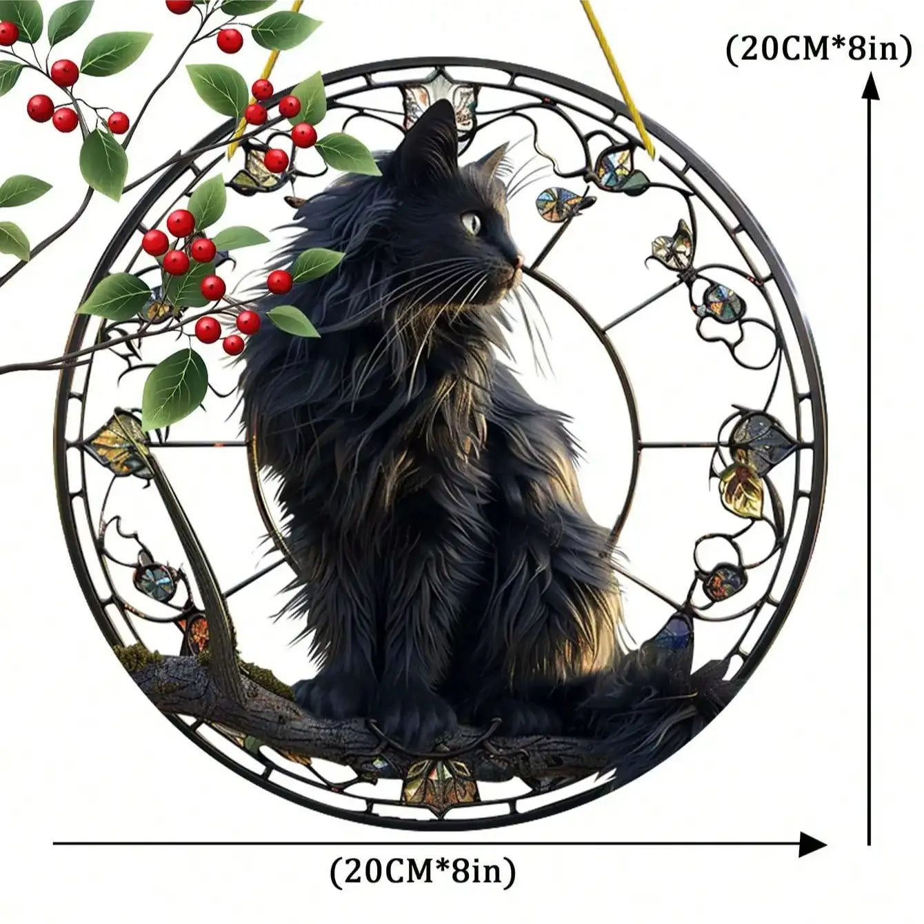 Black cat pendant sitting on a tree branch basking in the sun