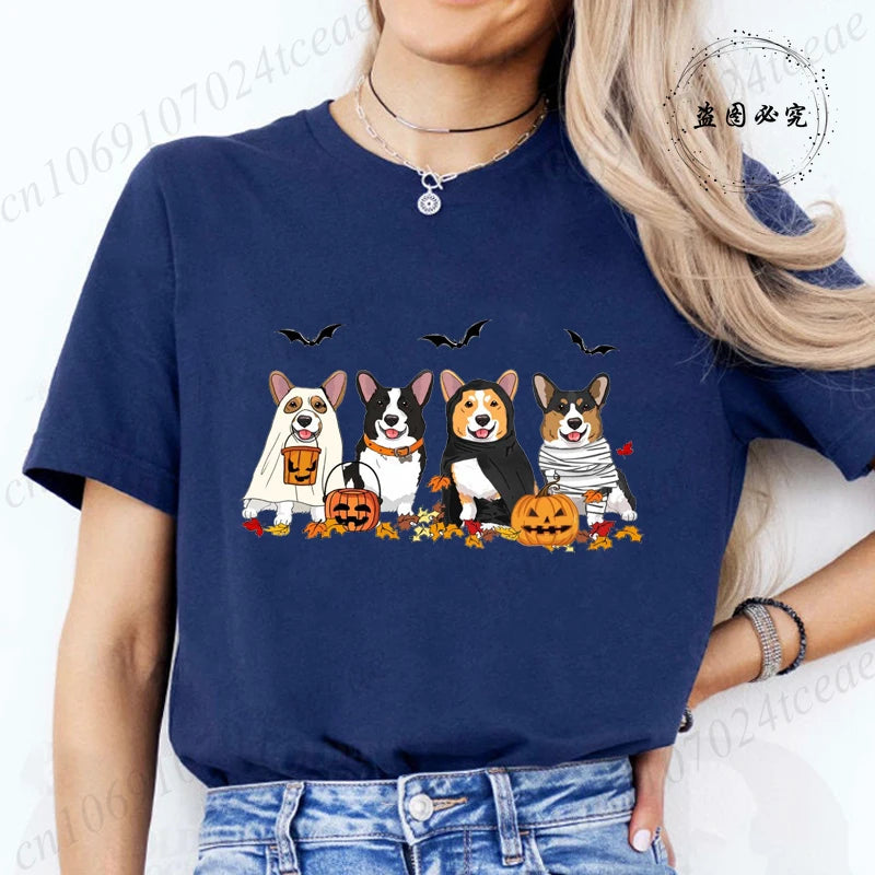 Halloween Dog Fashion T Shirt Tops Women Harajuku Graphic Tees Shirt Femme Corgi Dogs Halloween Women's T-shirt Clothes Tops