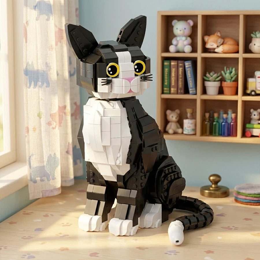 Black and White Cat Building Block Set Creative Sitting Kitten Brick Model Kit Adult Animal Assembly Toy Collectible Cat Figurin